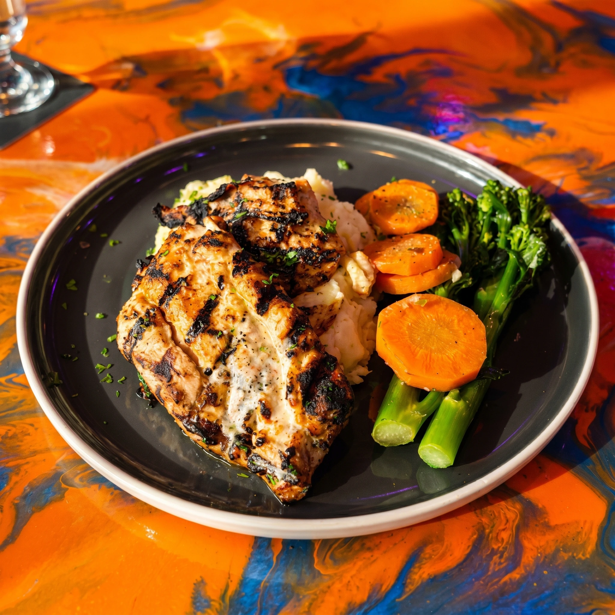 Blackened Chicken with Cajun butter, vegetables and mashed potatoes at Bizarre Gastro Pub Calgary