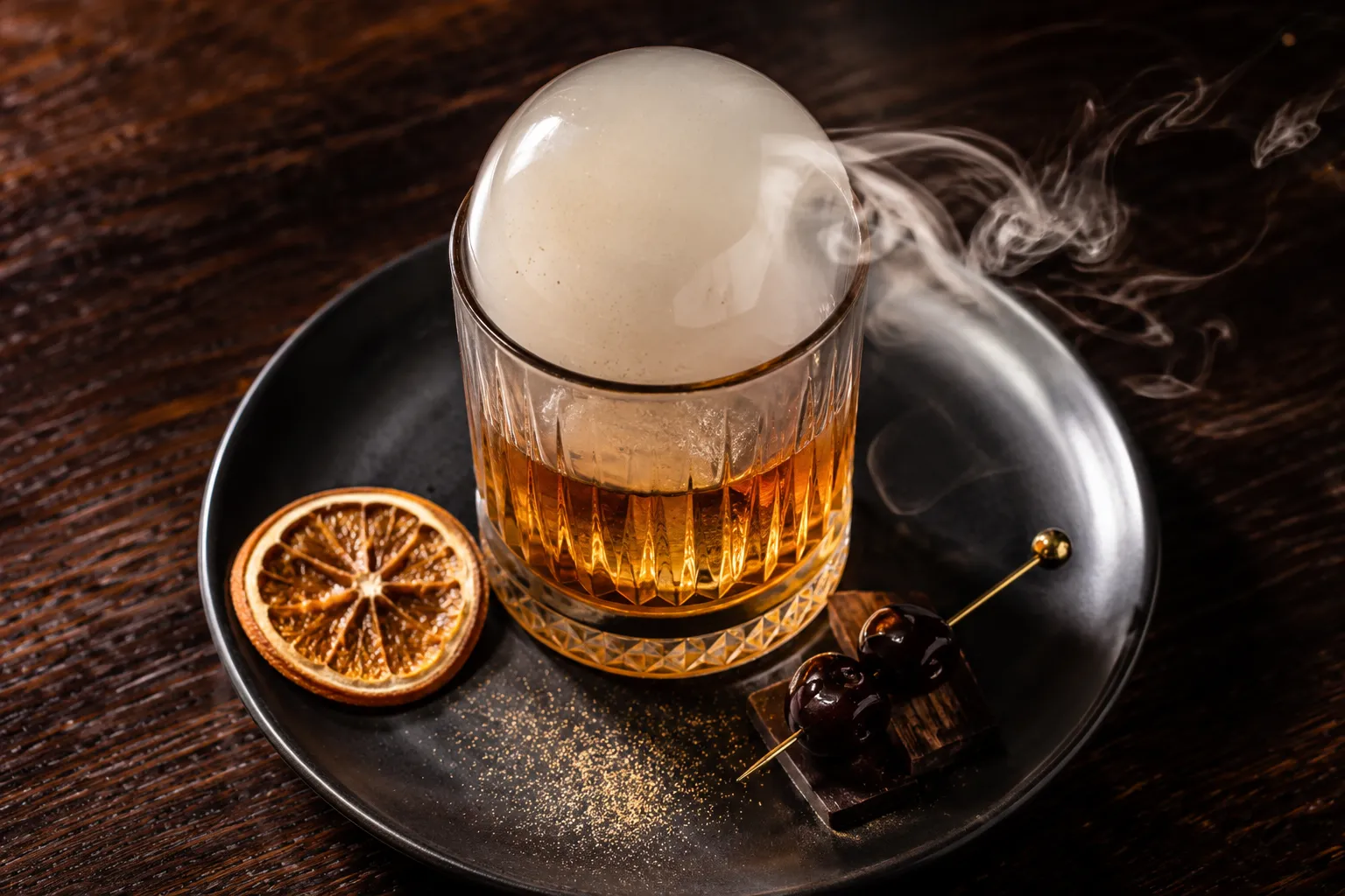 Smoked Maple Old Fashioned — signature molecular cocktail at Bizarre Gastro Pub Calgary